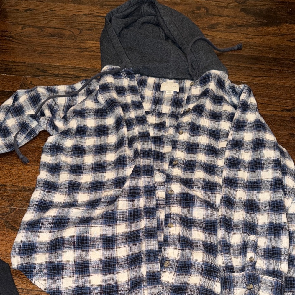 American Eagle Outfitters Blue and White Plaid Shirt with Hood